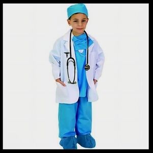 Jr Physician Doctor 7 Pcs White Lab Coat, Scrubs, Hat Kid Costume 12-14 - NEW!